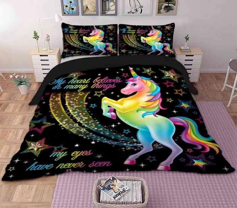 Children Bedding Set Single and Bed s Home Textile Unicorn Cartoon Lovely Kids Duvet Cover Ab