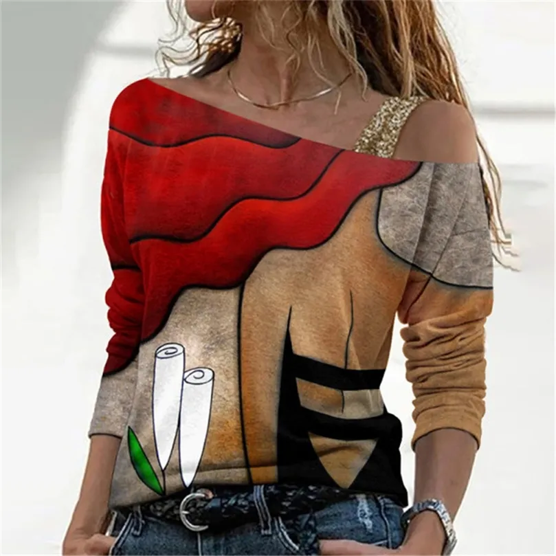 가을 패션 여성 의류 의류 섹시한 고삐 오프 어깨 미적 그래픽 프린트 티 셔츠 셔츠 긴 소매 느슨한 탑 220511