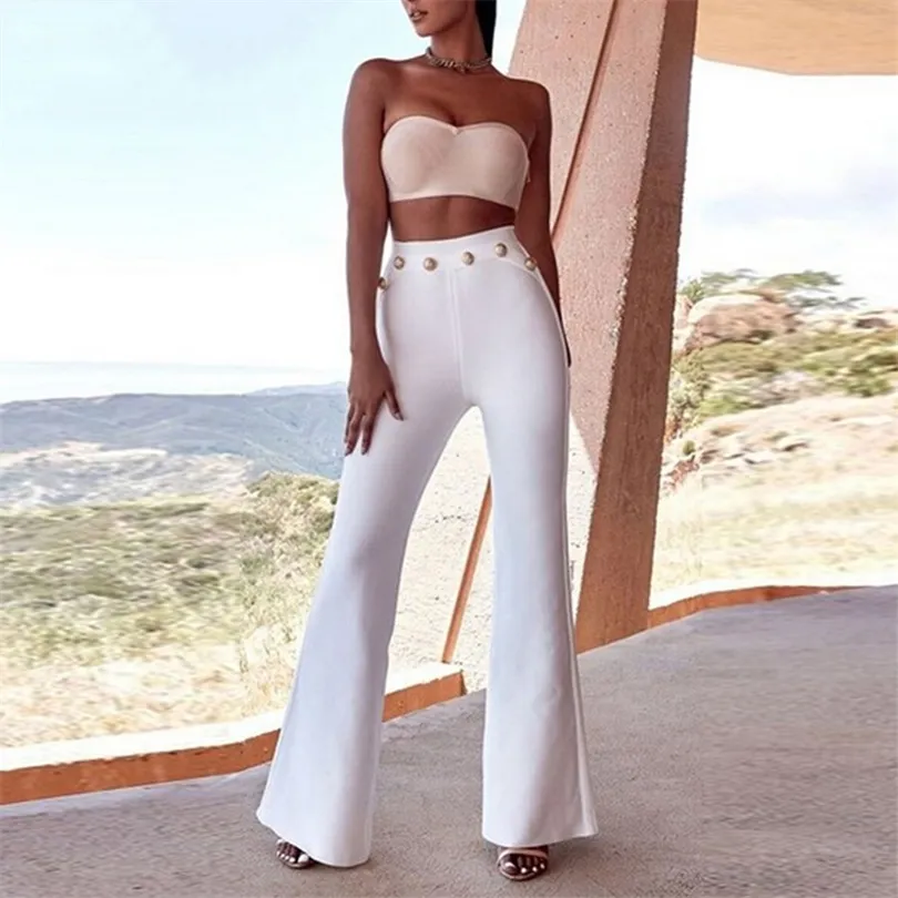 Seamyla 2019 Nouveau Summer Flare Pantalon Femmes Sexy Skinny Pantalon Taille Haute Blanc Rouge Noir Pantalon Party Moulante Bandage Pantalon Long T200319