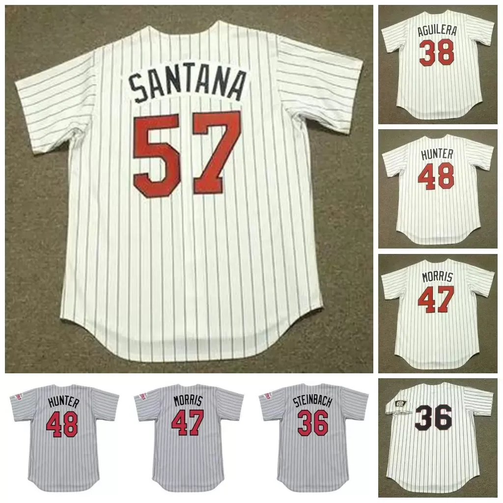 Camisa Minnesota Vintage Baseball 36 JIM KAAT 1969 TERRY STEINBACH 1997 38 RICK AGUILERA 1991 47 JACK MORRIS 48 TORII HUNTER 2001 57 JOHAN SANTANA 2004