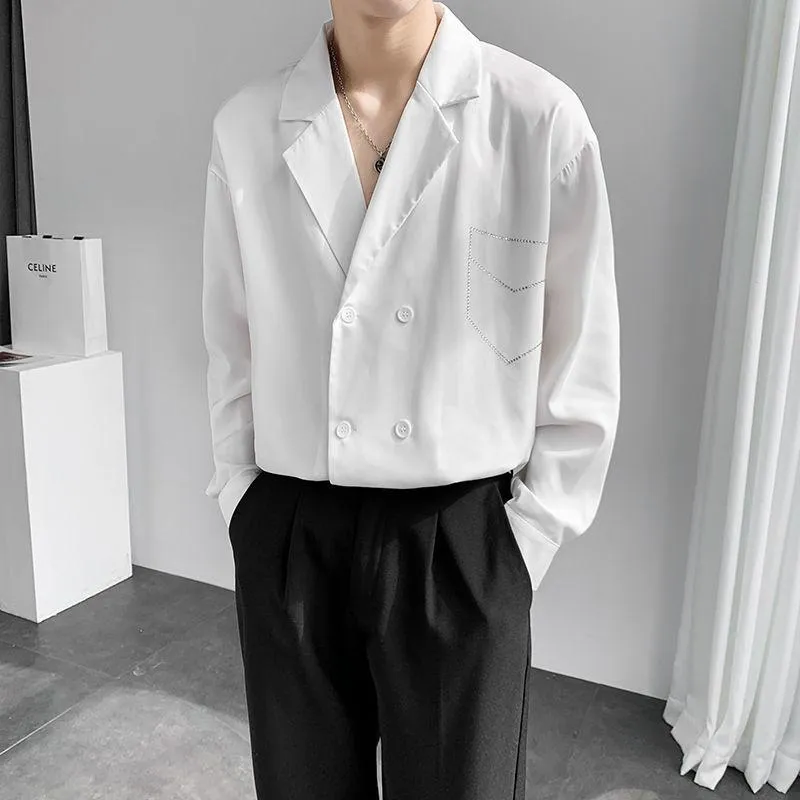 Men's Casual Shirts Men's Solid Color Long Sleeve Shirt Suit Collar Double Button Fashion French Cuff White/black Camisa MasculinaMen's