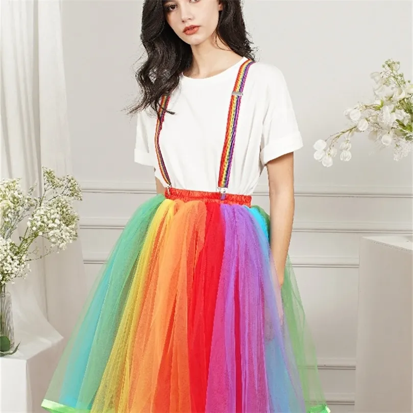 MisShow Frauen Regenbogen Tutu Kurzer Rock 5 Schichten weicher Tüll Pettiskirt Mädchen Cosplay Kostüme Netzröcke Hohes elastisches Band Geschenk 220701