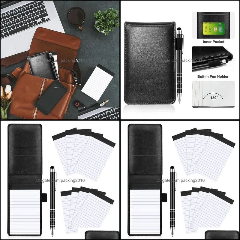 notepads 10pcs mini pocket notepad holder set with metal pen and notebook refills (black)