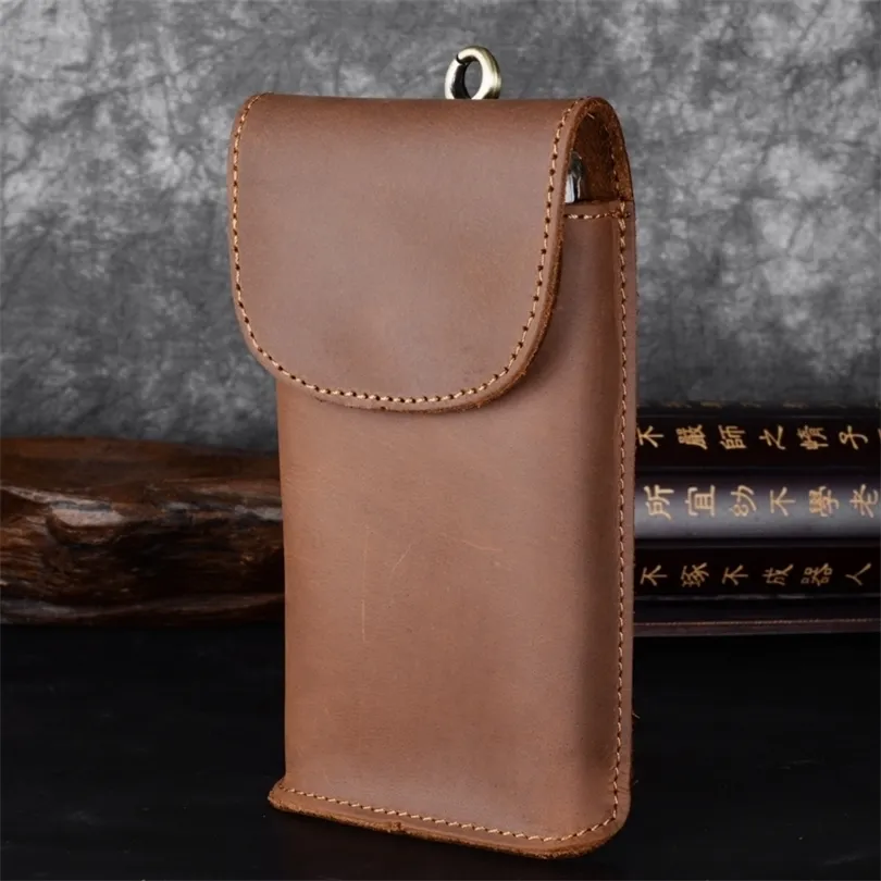 New Simple Genuine Leather Waist Bag Men Crazy Horse Cowhide Cash Slot Mobile Phone Pouch Pack Retro Wallet Belt Loop Hoop 201117