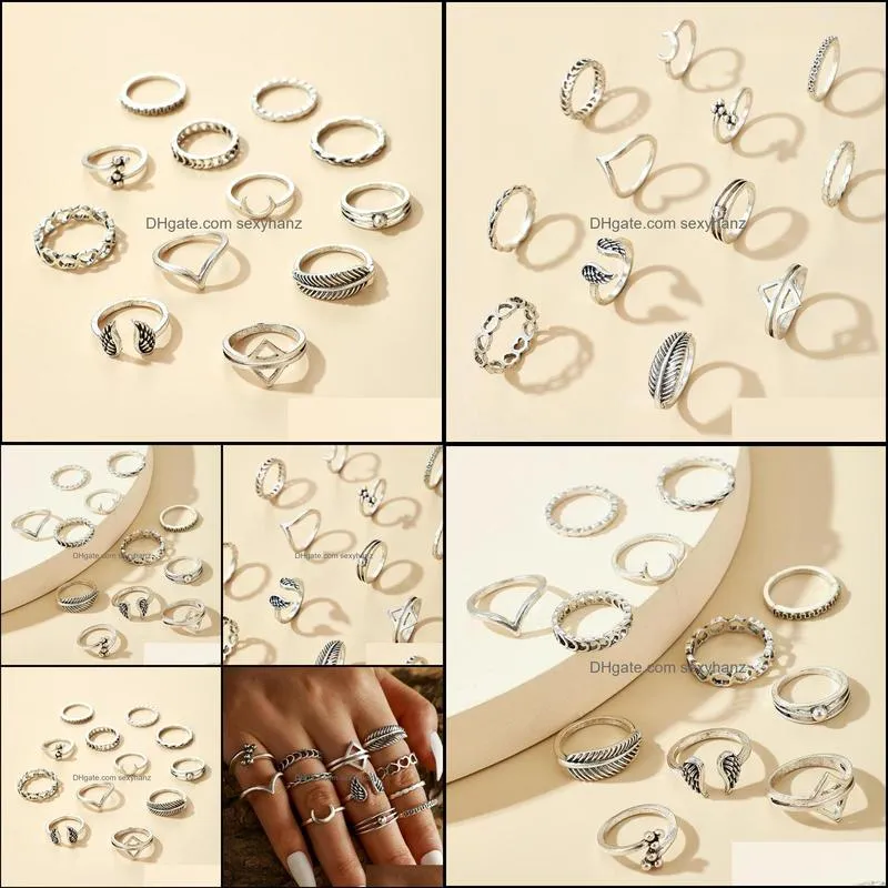 12pcs/sets vintage band rings silver color heart joint for women charm moon leaf wing geometric wedding ring jewelry