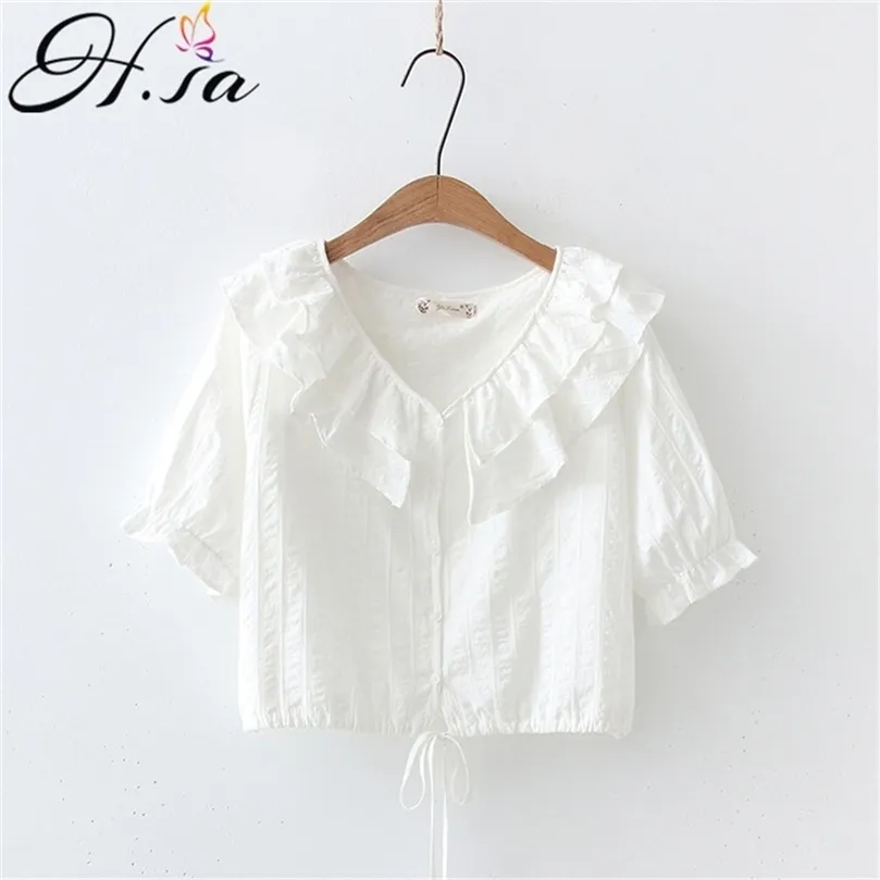 HSA Womens Tops and Bluses Elegant Short Sleeve Ruffles White Shirt Ladies Solid Color Bulus Feminina Streetwear Ropa Mujer 210716
