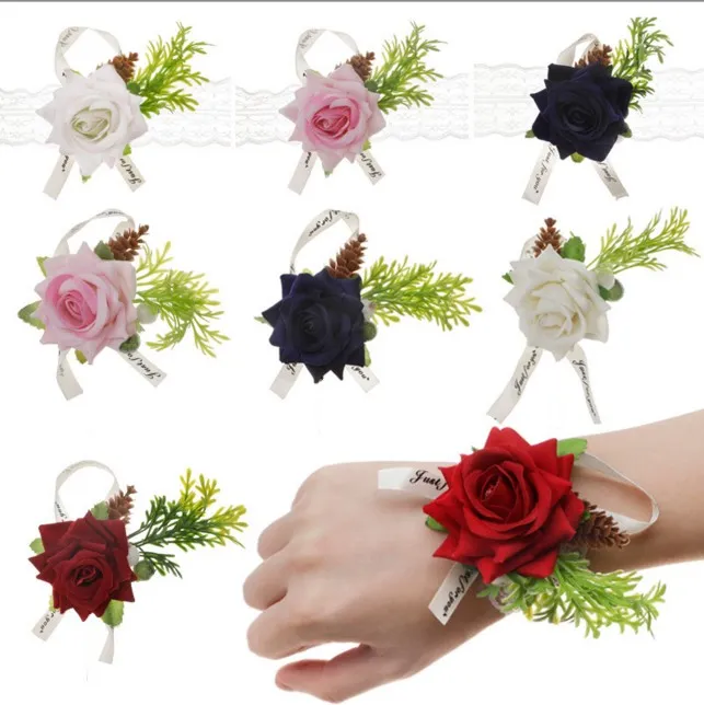 Ramillete de flores para muñeca nupcial, dama de honor, hermanas, flores de mano, boda, baile de graduación, pulsera de flores de seda artificial