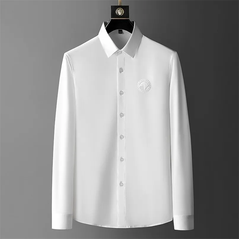 Luxury Embroidery Shirts for Men Long Sleeve Slim Casual Shirt Black White Business Formal Dress Social Tuxedo Clothing 220322