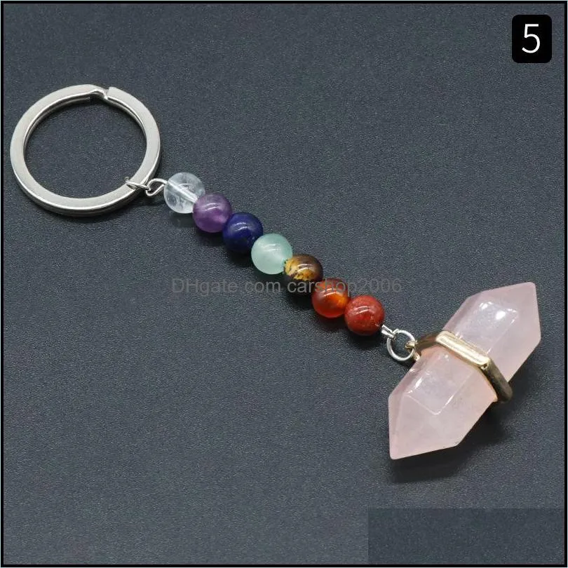 healing reiki 7 chakra carved hexagon prism natural stone key rings pendant keychain crystal chakras quartz chains jewelry accessories