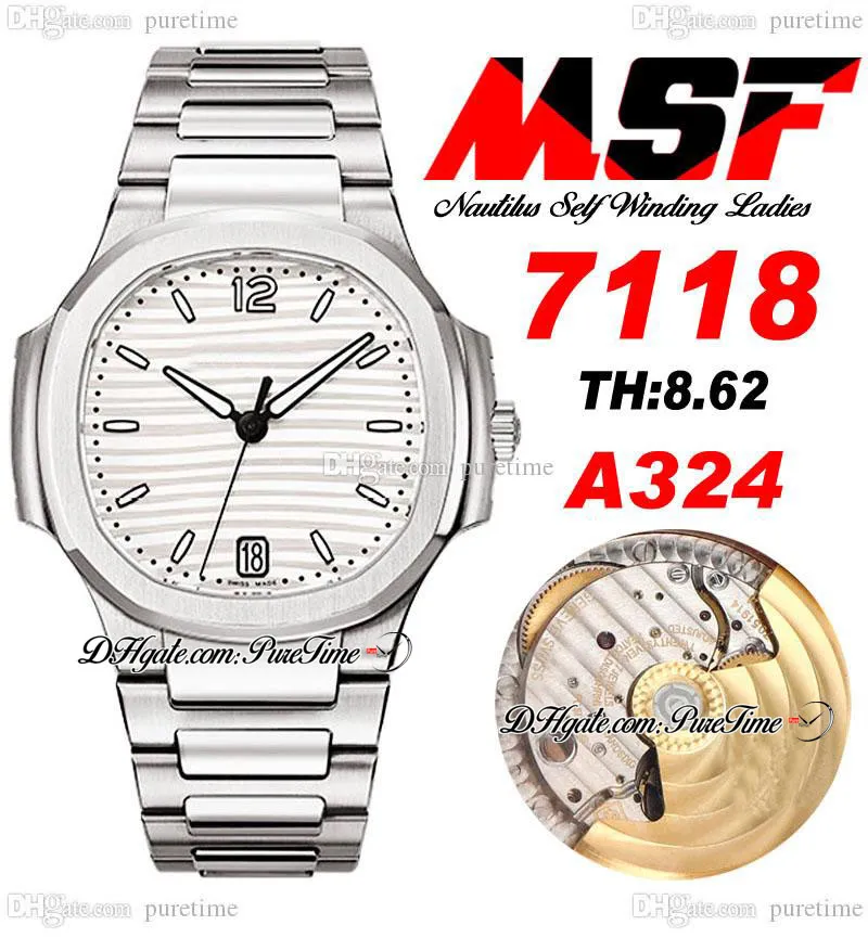 MSF 7118 A324 Orologio da donna automatico da donna Quadrante bianco strutturato Bracciale in acciaio inossidabile Orologi Super Edition Puretime B2