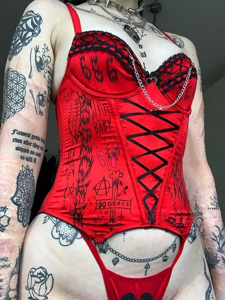 Emo Cyber Y2K Red Corset Top Fairy Grunge Red Lace Up Alt Crop Top With  Punk Style And Sexy Letter Print For Women From Luo03, $15.08