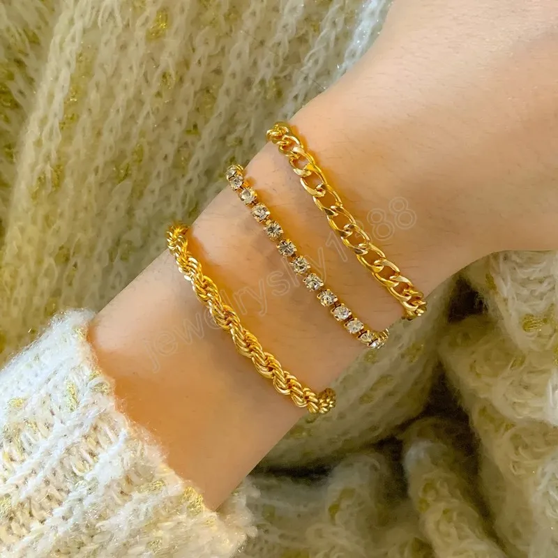 Boho simples luxo brilhante bracelete de cristal conjunto mulheres retrô 2022 moda dourado metal torção braceletes glamour menina jóias