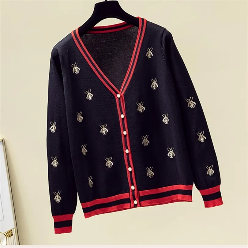 Nowa kobieta swetry koreańska elastyczność Koreańska Kobieta Kobieta Cardigan Black V Szyja Haft haftowy Women Sweter Knitwear Tops 210204