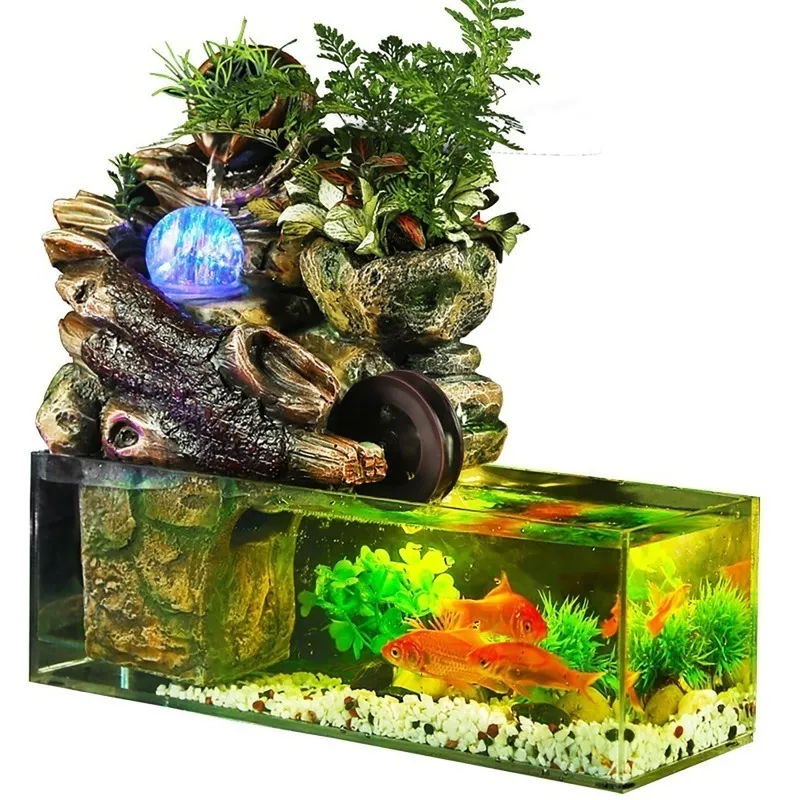 rium fish tank artificial landscape rockery water fountain with ball ornaments living room desktop lucky home bar decoration Y200917
