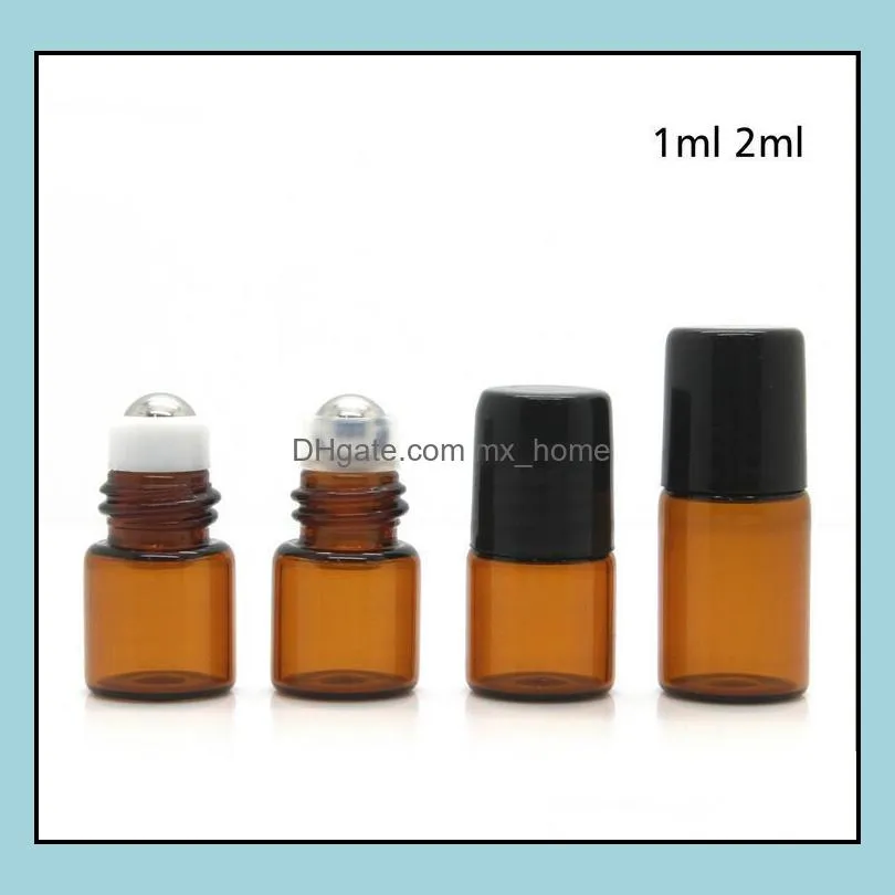 1 2 3 5 10ML  Oil Glass Roller Bottles Mini Tiny Refillable Empty Aromatherapy Perfume Liquid Amber Glass Roll On Bottle Vials Metal