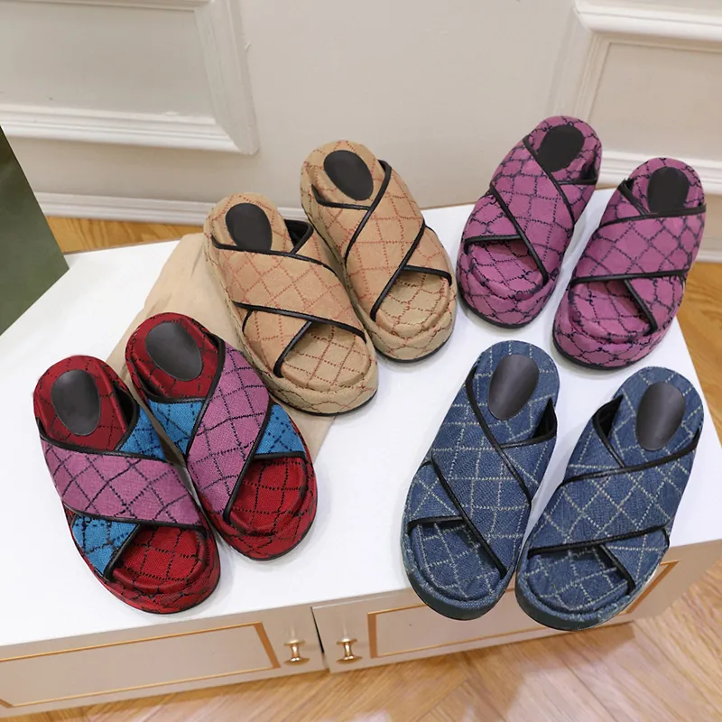 Dames designer sandalen platform glijbaan sandaal strand slippers multicolor canvas linnen stof printen slipper outdoor party klassiek san