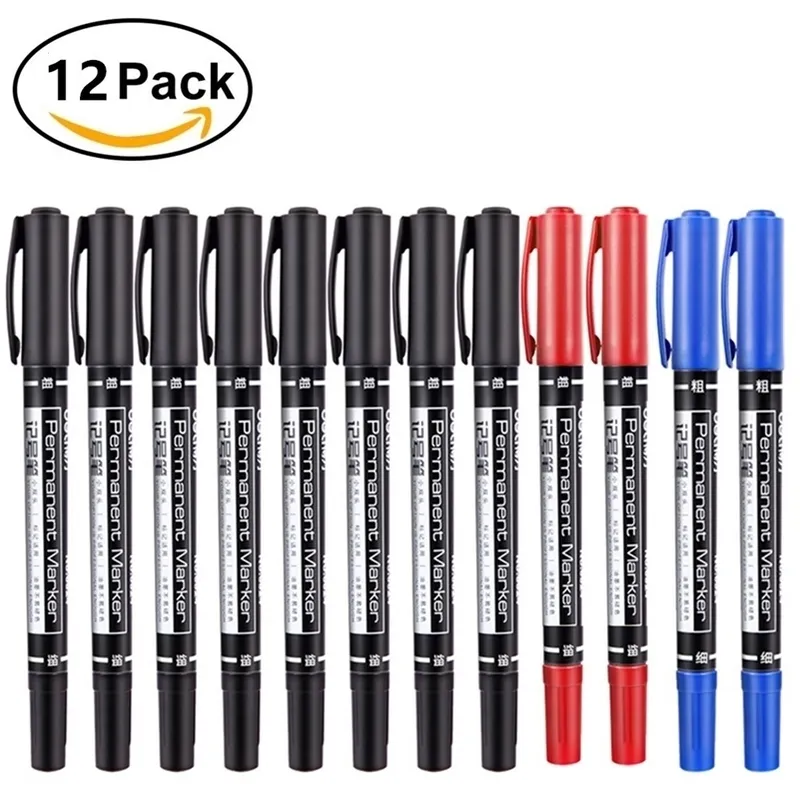 12PCSpack Twin Tip Permanent Marker Waterproof Oilink Marker Pen Finemedium Point 0.5mm1mm Pen Marker Black Blue Red Ink 201120