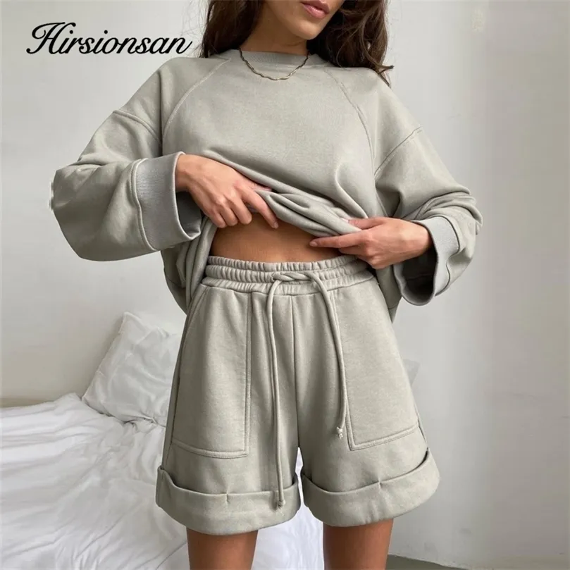 Hirsionsan Weiche Baumwolle Sets Frauen Casual Zwei Stücke Langarm Sweatshirt Hohe Taille Shorts Solide Outfits Trainingsanzug 220816