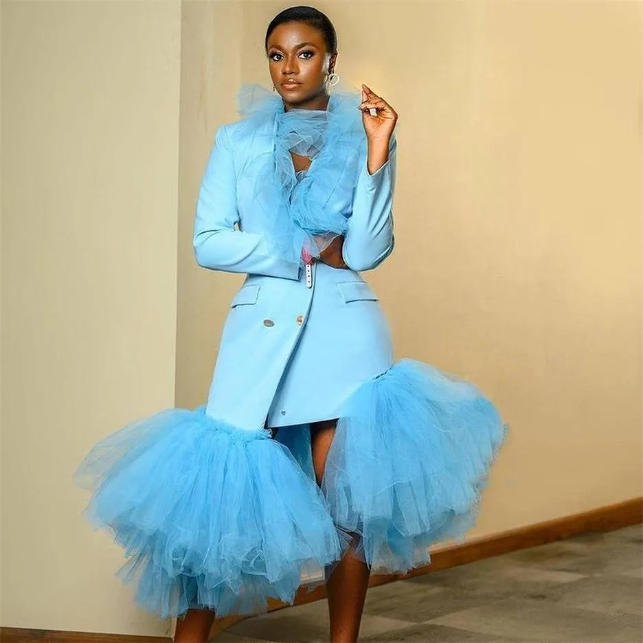 Sky Blue Women's Suit Dresses 2022 Bridesmaid Dress Long Sleeved Ruffles Edge Ladies Outfits Runway Fashion Jacket