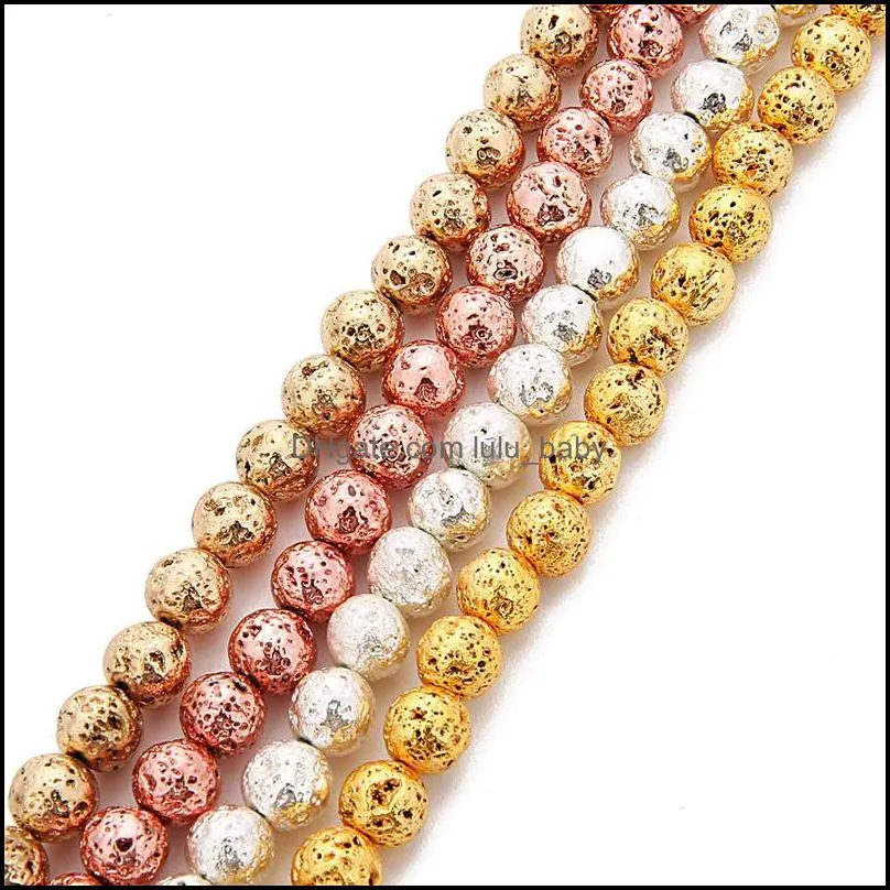 Stone Loose Beads Jewelry 6Mm/8Mm Plated Lava Volcanics Gold/Sier/Rose Gold/Kc Gold Round 16" Per Strand Energy Diy Drop Delivery 2021 Nmjqe