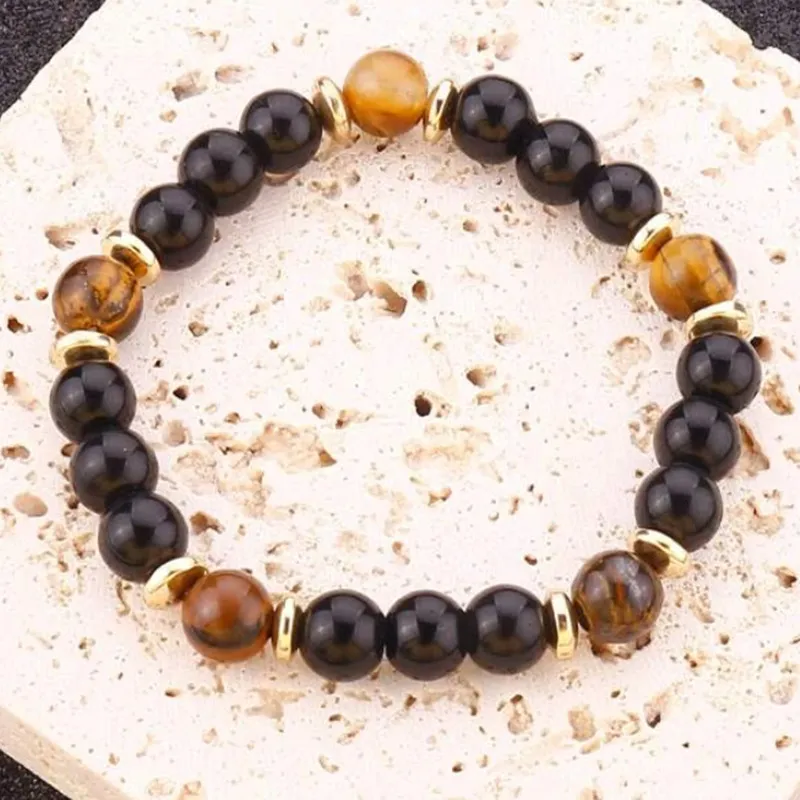 Bracciali con fili di perline in occhio di tigre in pietra nera da 8 mm per gioielli da donna