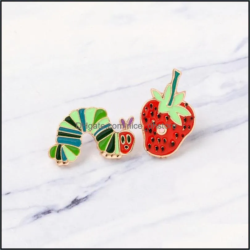 strawberry caterpillar enamel pin cartoon plant animal badge brooch lapel pin denim jeans shirt bag funny cute jewelry gift