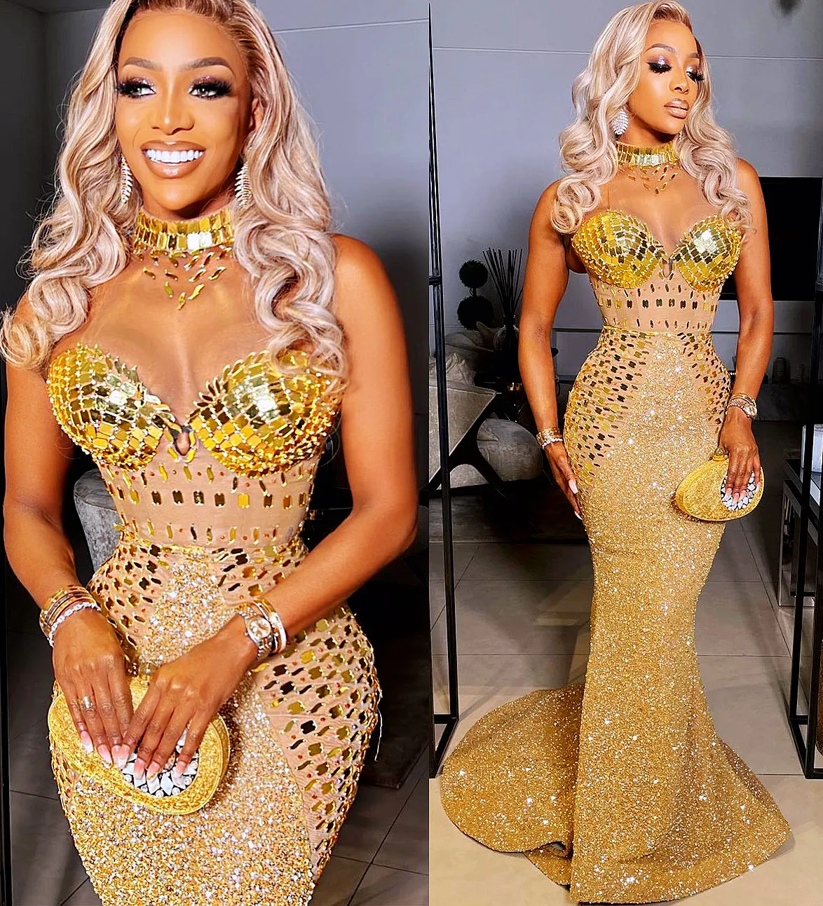 2022 Plus Size Arabic Aso Ebi Gold Sparkly Mermaid Prom Dresses Beaded Crystals Evening Formal Party Second Reception Birthday Engagement Gowns Dress ZJ737