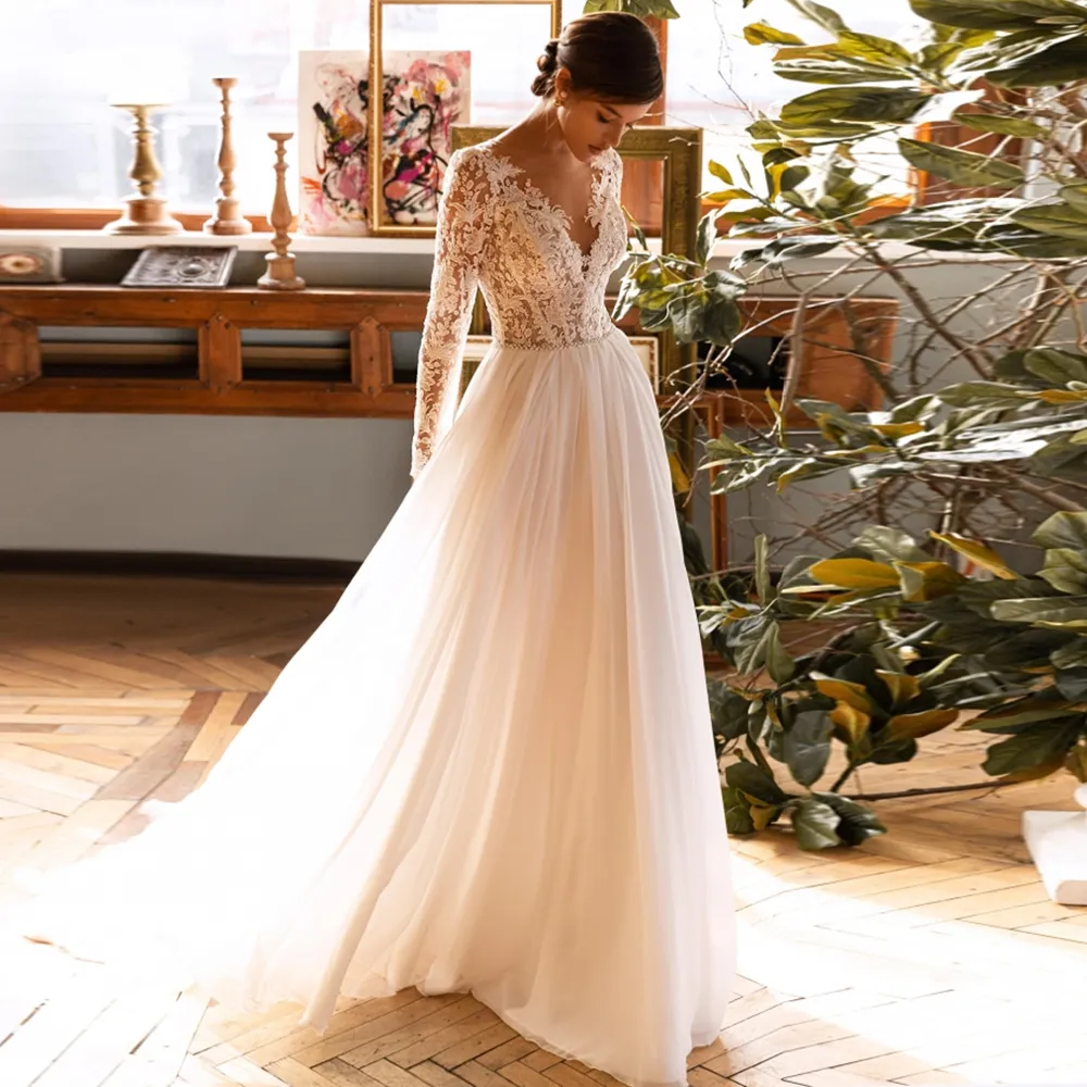 Chic Chiffon A Line Wedding Dresses Button Back Boho Beach Bridal Gown P￤rla Midja Robe de Novia