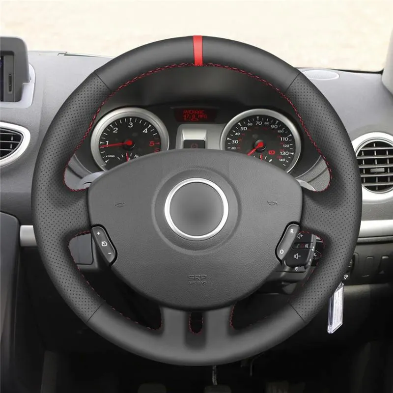 يغطي عجلة القيادة غطاء سيارة جلدية حمراء متورطة يدويًا لسيارة Clio 3 2005-2013 2005-2013STEERING