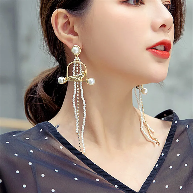 Déclaration Perle Birdcage Tassel Long Drop Dangle Boucles d'oreilles pour les femmes