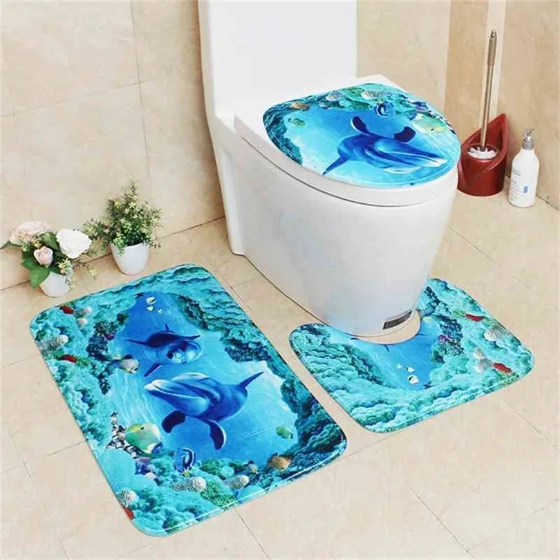 Flanel afdrukken verdikking en warme 3D cartoon badkamer slipvrije toiletkussen driedelige set badkamer tapijtbadmat 210401