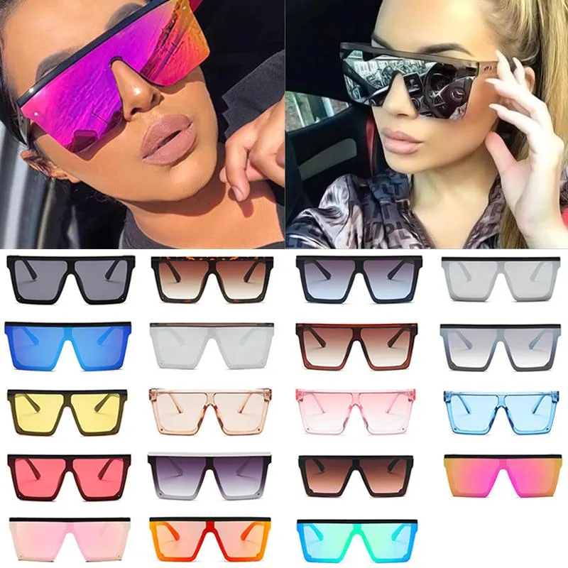 Toptan 19 Renkler Tek Parça Büyük Kare Unisex Düz Üst Tasarımcı Büyük Boy Siyah Tonları Kadın Güneş Gözlükleri Toplu UVSunglasses