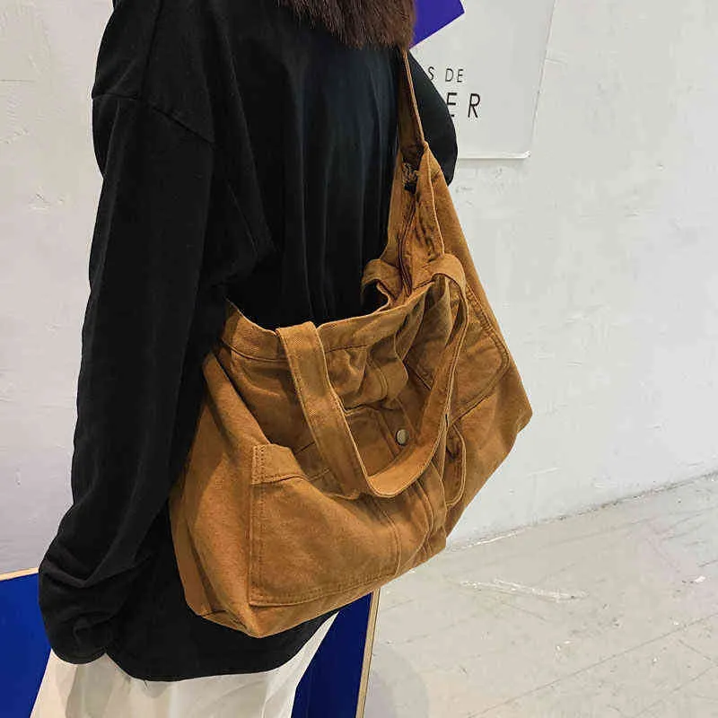 Unisex Canvas Casual Women Handbags Korean Retro Big Ladies Tote Shopper Oversize Female Shoulder Bag Weekend Vintage Man Purses 220512