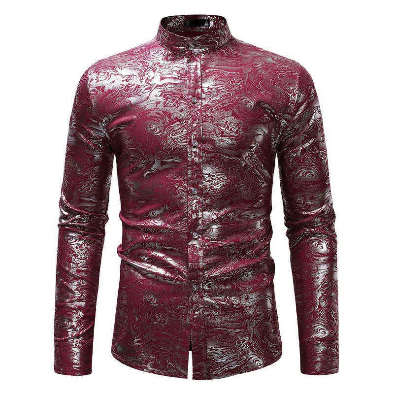 Camisa de esmoquin rojo vino bronceado Floral para hombre 2022 marca Slim Fit manga larga camisas de vestir para hombre Camisa Masculina boda graduación Camisa L220704