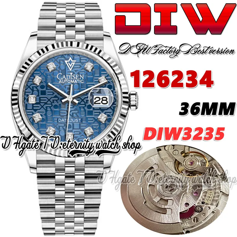 DIWF diw126234 SA3235 Automatische Herrenuhr geriffelte Lünette Muster Zifferblatt Diamanten Marker 904L Jubileesteel Armband mit gleicher Seriennummer Garantiekarte Ewigkeitsuhren