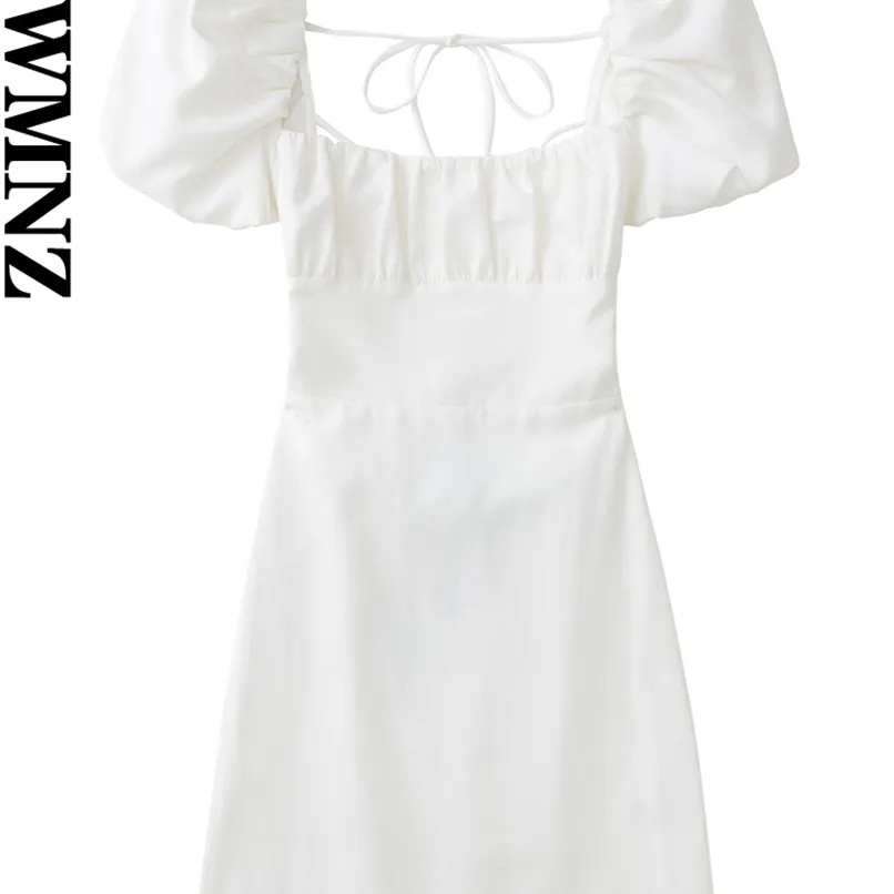 xnwmnz女性ホワイトファッションリネンブレンドメススクエアネックショートパフスリーブバックレスクロスオーバーストラップドレスレディース220707