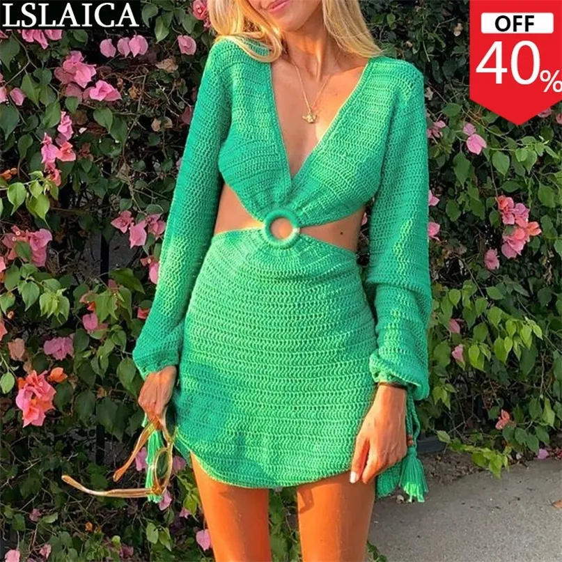 Sexy Dresses Party Night Club Dress Long Sleeve Deep V Neck Drawstring Backless Spring Autumn Fashion Sweater Green 220426