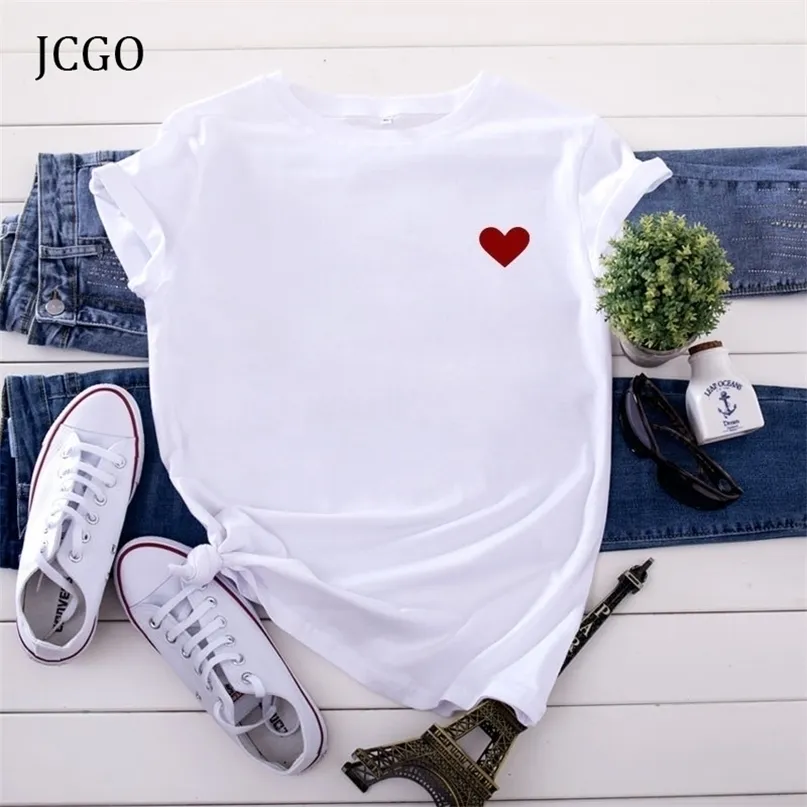 JCGO Summer Cotton Women Serce Drukuj T Shirt S-5XL Plus Size Krótki rękaw Tees Topy Dorywczo Prosta O-Neck Kobiet Tshirts 220402