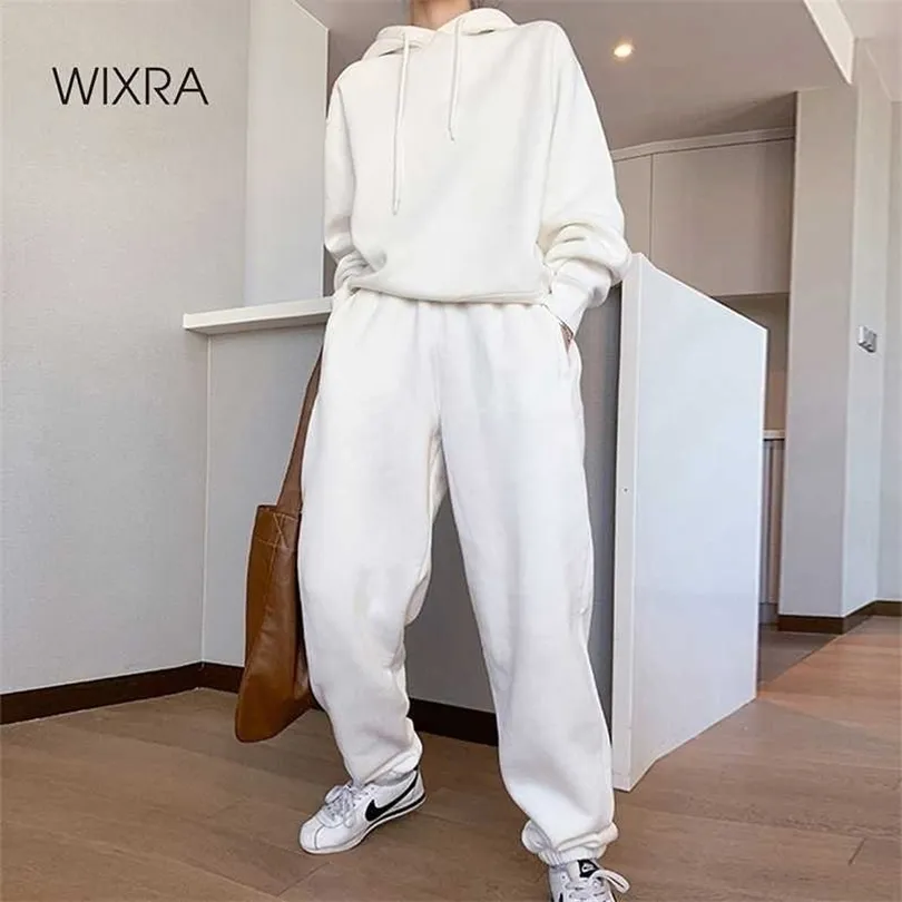 wixra 여자 기본 면화 스웨트 셔츠 세트 초기 봄 후드 탁월한 허리 바지 캐주얼 정장 스트리트웨어 210929