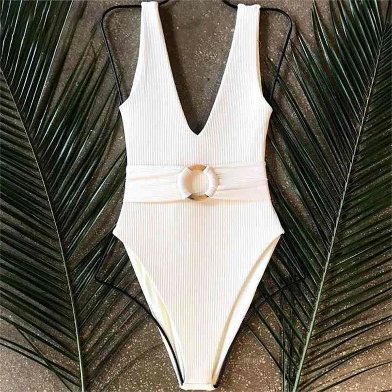 Néon Bikini Femmes Blanc Maillots De Bain V Cou Maillot De Bain Femme Baigneur Maillot De Bain Avec Ceinture Push Up Body Suit Monokini 210407