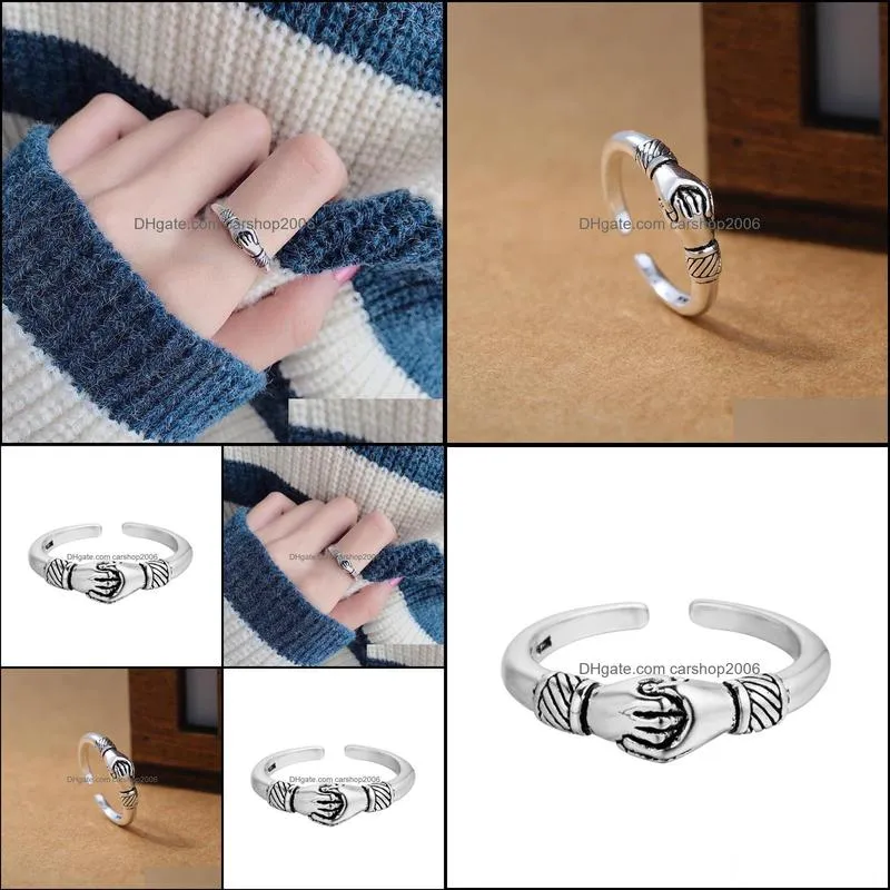 Retro Silver Rings Opening Handshake Creative Friendship Ring Fine Jewelry