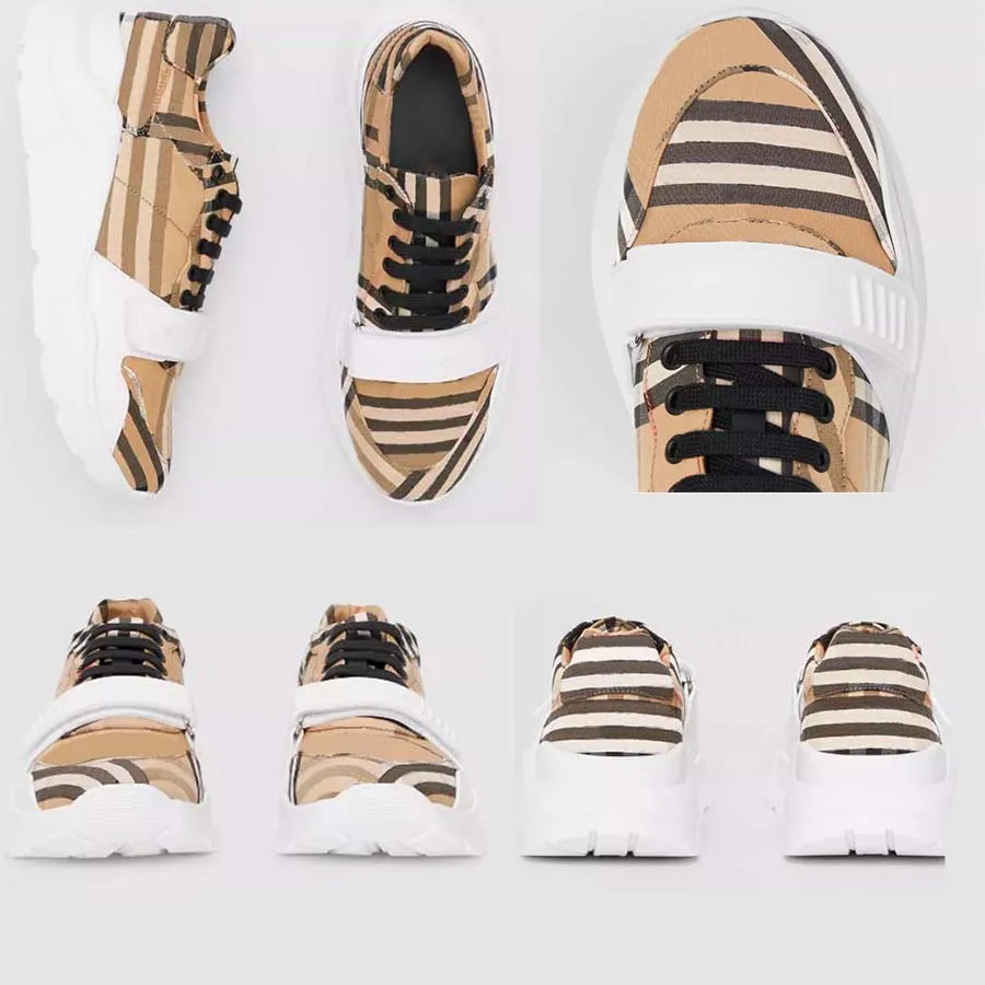 Hög kvalitet Designer Casual Skor Äkta Läder Klassiska pläd Sneakers bär Stripes Sko Modetränare För Man Kvinna bur färg bar sneakers