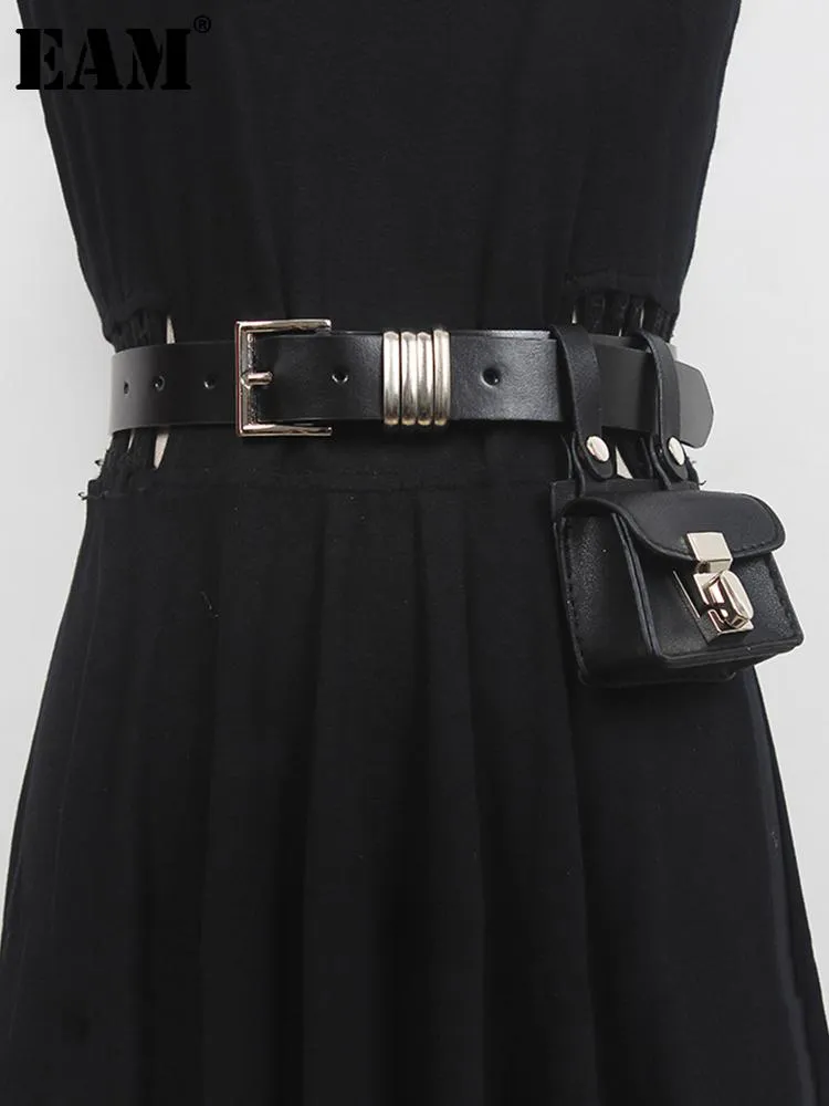 Belts [EAM] Pu Leather Black Mini-bag Long Wide Belt Personality Women Fashion Tide All-match Spring Autumn 2022 1DE8110