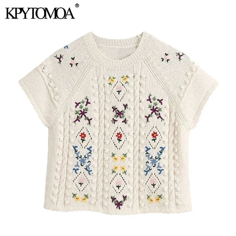 KPYTOMOA Frauen Fashion Floral Stickerei Abgeschnitten Gestrickte Pullover Vintage O Hals Kurzarm Weibliche Pullover Chic Tops 210203