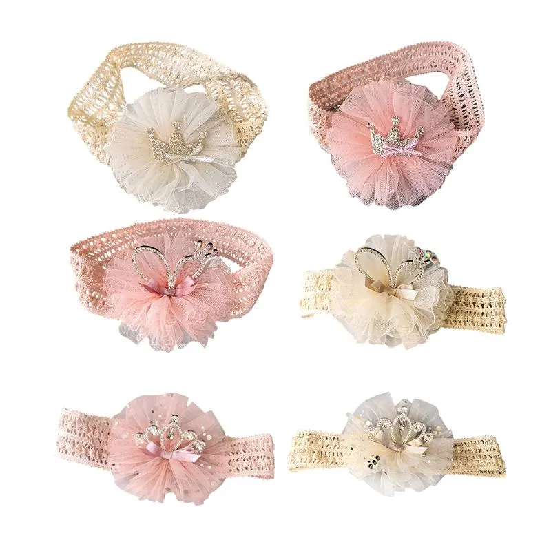 Accessoires de cheveux Infantile Enfant Bande Strass Couronne Coiffe Bébé Fille Maille Élastique Bandeau Turban G99C