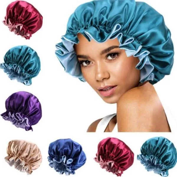 New Silk Night Cap Hat Double side wear Women Head Cover Sleep Cap Satin Bonnet for Beautiful Hair - Wake Up Perfect Daily Factory Sale a036