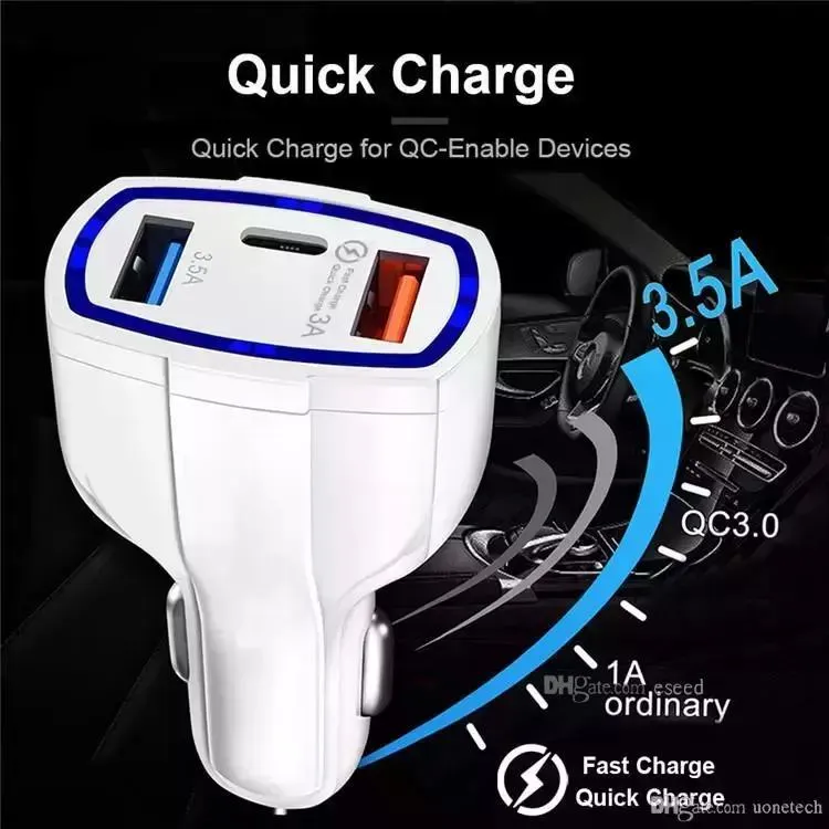 Caricatore per auto 35W 7A 3 porte tipo C e caricatore USB QC 3.0 per telefono cellulare GPS Power Bank Tablet P con scatola