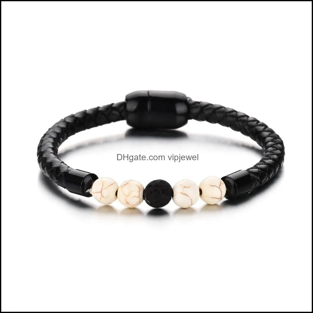 fashion leather lava chakra stone beads  oil diffuser braceletbracelet black stainless bracelets & bangles for men punk