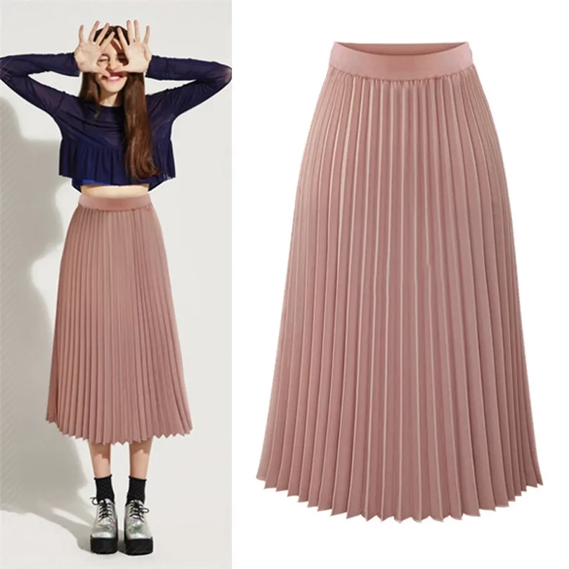 Pink Pleated Skirt Women Plus Size Atumn Elegant White High Waist Long Skirt Black Casual Ladies Chiffon Skirt Mujer Faldas 201111