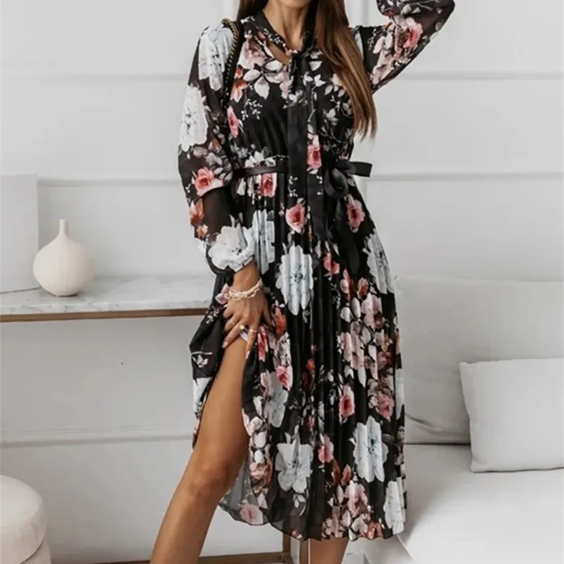 Autumn Elegant Floral Print Pleated Long Dresses For Women Long Sleeve Lace-up Chiffon Office Lady Dress Vintage Party Dress 220516